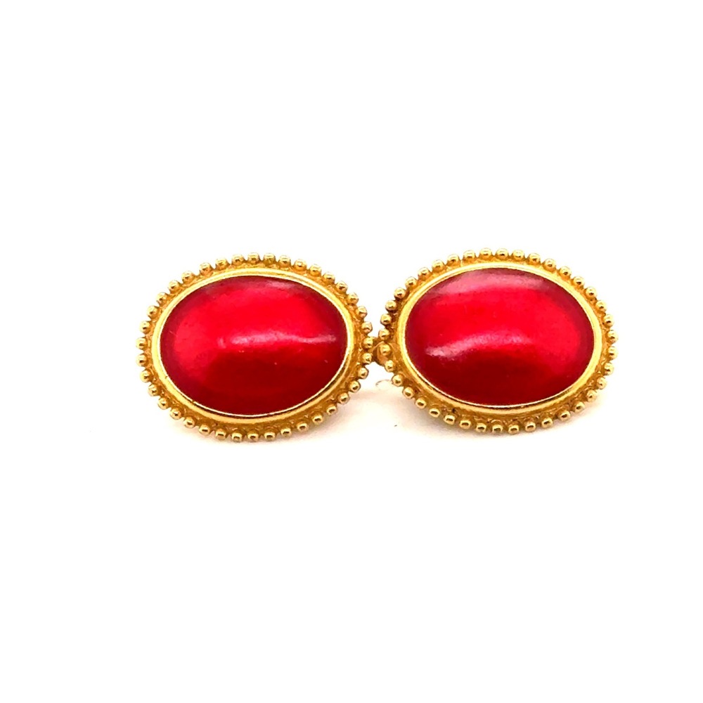 Vintage Trifari Red Cabochon Gold Tone Beaded Edge Clip On Earrings